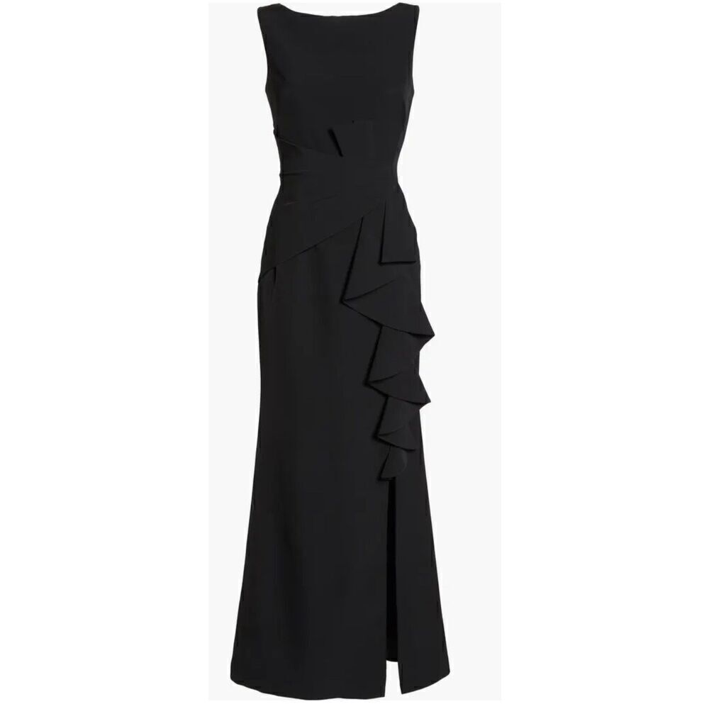 Betsy & Adam "CHRISTINE" SCUBA CREPE RUFFLED BOW GOWN Black NWT Size 12